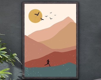 May include: A minimalist art print featuring a silhouette of a person running in front of a mountain range with a large yellow sun and birds flying overhead. The mountains are in shades of brown, orange, and red, and the sky is a light beige.
