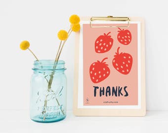 Thank You Card - Strawberries - C'est Le Printemps - Greeting Card - Flowers Card - Pink Card - Friendship Card - Thanks Card