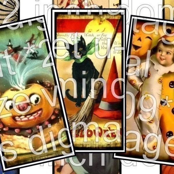 HaLLoWeeN 1 x 2 inch domino size images microscope glass slide soldered pendant altered art digital collage sheet Witch Black Cat Pumpkin Children Masquerade Jack o Lantern antique paper supplies zne
