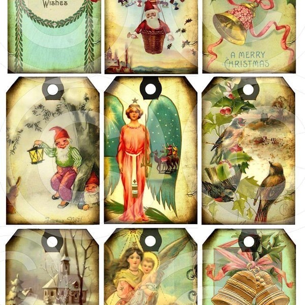 ViNTaGe MeRRy CHRiSTMaS DIGITAL CoLLaGe SHeeT DOWNLOAD Angels Gnomes Santa Claus Hot Air Balloon hang gift tags printable scrapbooking 04