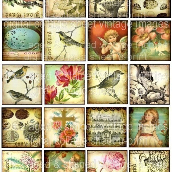 TaTTeReD aGeD STaiNeD 2 x 2 inch vintage image squares Birds Nest Cupid Hearts Eggs Original digital art collage sheet altered download supplies scrapbooking soldered glass pendants hang tags 11