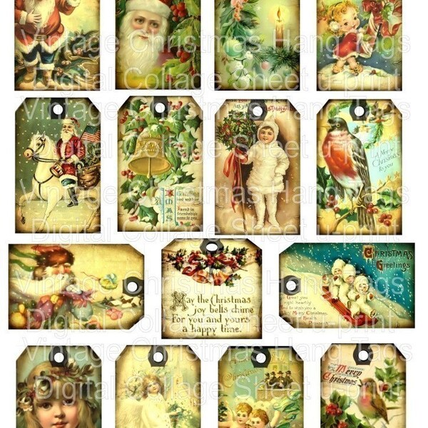 Aged Christmas Holiday Vintage Antique images Santa Claus Candy Cane Angels Birds original digital art collage sheet Hang Gift Tags altered atc aceo paper bag album scrapbooking supplies zne effa 01