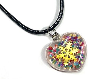Valentine Heart necklace Winter gold snowflake in rainbow glitter sparkle Heart Love necklace toddlers kids girls teens Valentine's Day Gift