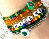 St. Patrick 39 s Day personalized seed bead name bracelet. Little girl toddler gift for her. Stacking boho green shamrock clover flower jewelry