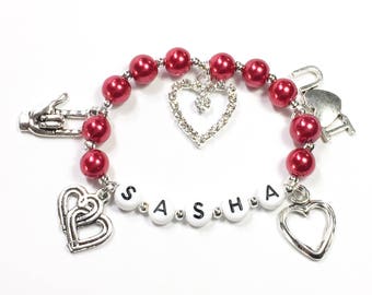 Valentine Charm Bracelet. Love themed bracelet. Personalized name bracelet. Valentine's Day Gift for Girls Heart Charm Bracelet Gift for Her