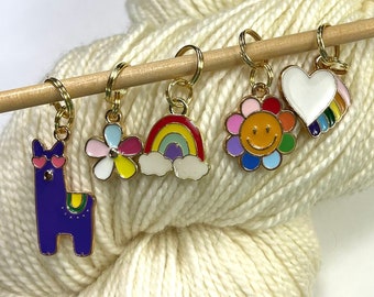 Love & Happiness Stitch Markers, Set of 5, knit or crocket style. Rainbow Llama Alpaca Daisy Heart Gift for a knitter. Gift for crocheter.