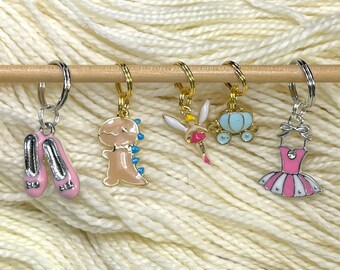 Fairy Tale Stitch Markers, Set of 5, CHOOSE knit or crocket style. Dragon Fairy Carriage Princess Slippers Gift for a knitter or crocheter.