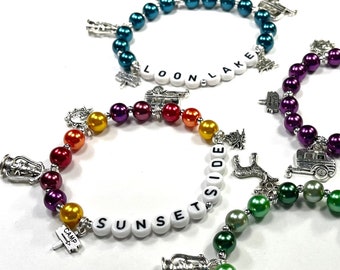 Camping theme Multi Charm Bracelet YOU CHOOSE 5 charms the pearl color name. Personalized Camper Vacation Lake Charm Bracelet Charm Bracelet