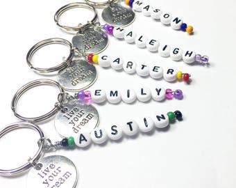 Live Your Dream Personalized Keyring or Zipper Pull. Inspirational Gift. Backpack Keyring. Name, ID, Phone Number, Medical Alert, Allergy