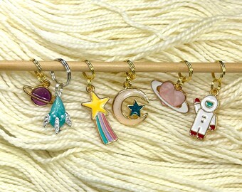 Space theme Stitch Markers, Set of 6, CHOOSE knit or crocket style. Astronaut Rocket Ship Saturn Moon Star Gift for a knitter or crocheter.