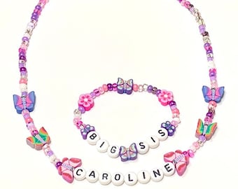 Big Sister Gift Pink & Purple Butterflies and flowers Personalized Name Necklace and Bracelet Jewelry Set Big Sister Gift, Jewelry for Kids
