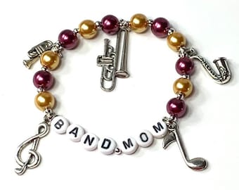 Marching Band Mom Music Charm Bracelet. Gift for musician or band mom. YOU CHOOSE 5 charms, pearl color, & name. Band booster fundraiser.