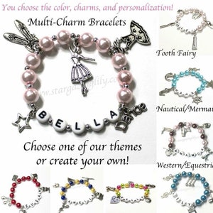 Personalized Charm Bracelet with name YOU CHOOSE up to 5 charms pearl color Custom pearl bracelet jewelry for Little Girls Women Ladies image 1