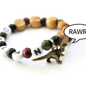 Dinosaur Party Favor Charm bracelet. Wood beads, Personalized name bracelet. Party Favor for boys. Little boy dinosaur bracelet jewelry image 1