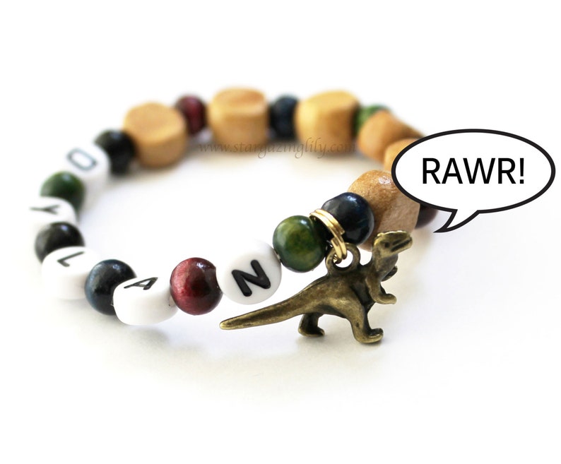 Dinosaur Party Favor Charm bracelet. Wood beads, Personalized name bracelet. Party Favor for boys. Little boy dinosaur bracelet jewelry image 1