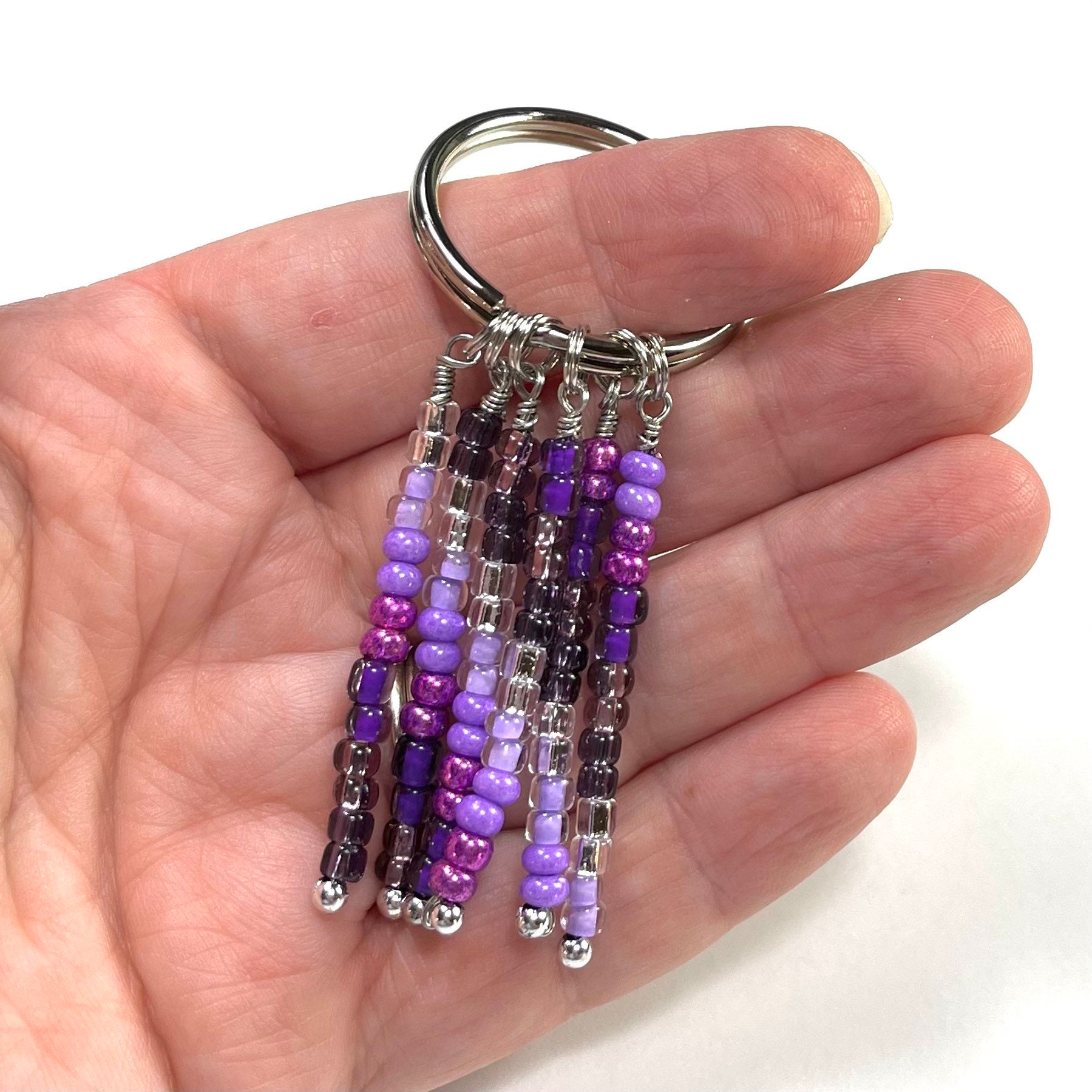 Purple Beaded Key Ring Keychain Colorful Bright Shiny Seed