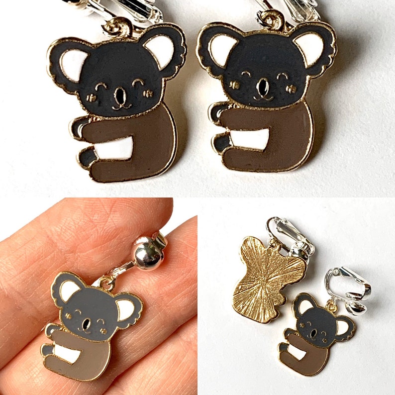 Animal earrings for kids. hedgehog, koala, jellyfish, cat, dog, sheep, puppy, kitten, cow Clip-ons or hooks, Little girl gift easter EE Lg. Koala