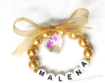 Gold Bracelet with Crystal heart and bow. Gift for little girl Newborn keepsake Communion Gift Baptism Gift or Stocking Stuffer Personalized