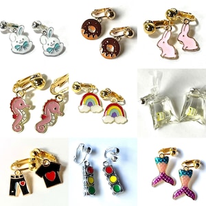 Girls clip on earrings for kids. Rainbow, Easter Bunny Rabbit, Seahorse, Donut, Fish, Mermaid, Stoplight. Quirky trendy Clip-on's hooks KK