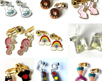 Girls clip on earrings for kids. Rainbow, Easter Bunny Rabbit, Seahorse, Donut, Fish, Mermaid, Stoplight. Quirky trendy Clip-on's hooks KK