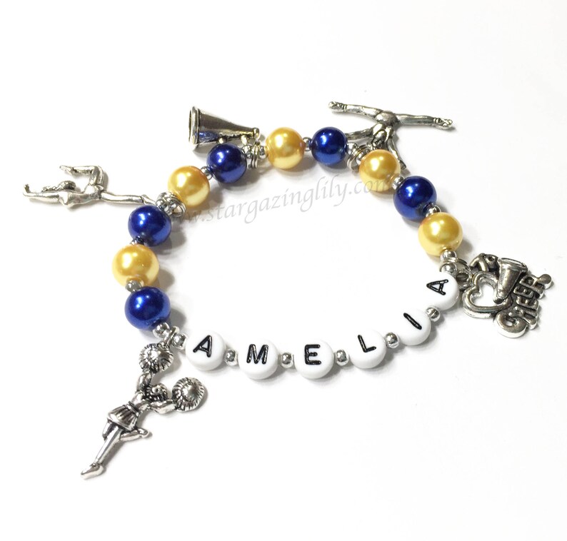 Personalized Charm Bracelet with name YOU CHOOSE up to 5 charms pearl color Custom pearl bracelet jewelry for Little Girls Women Ladies Cheerleading