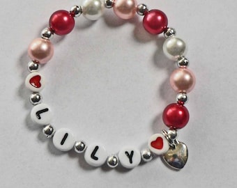 VALENTINE Bracelet Personalized Name Bracelet with HEART Charm Heart Jewelry for Kids Heart charm bracelet.