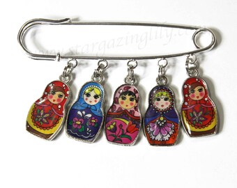 Russian Stacking Matryoshka doll charm pin. CREATE YOUR OWN You choose 5 charms or birthstone bead and initial bead.
