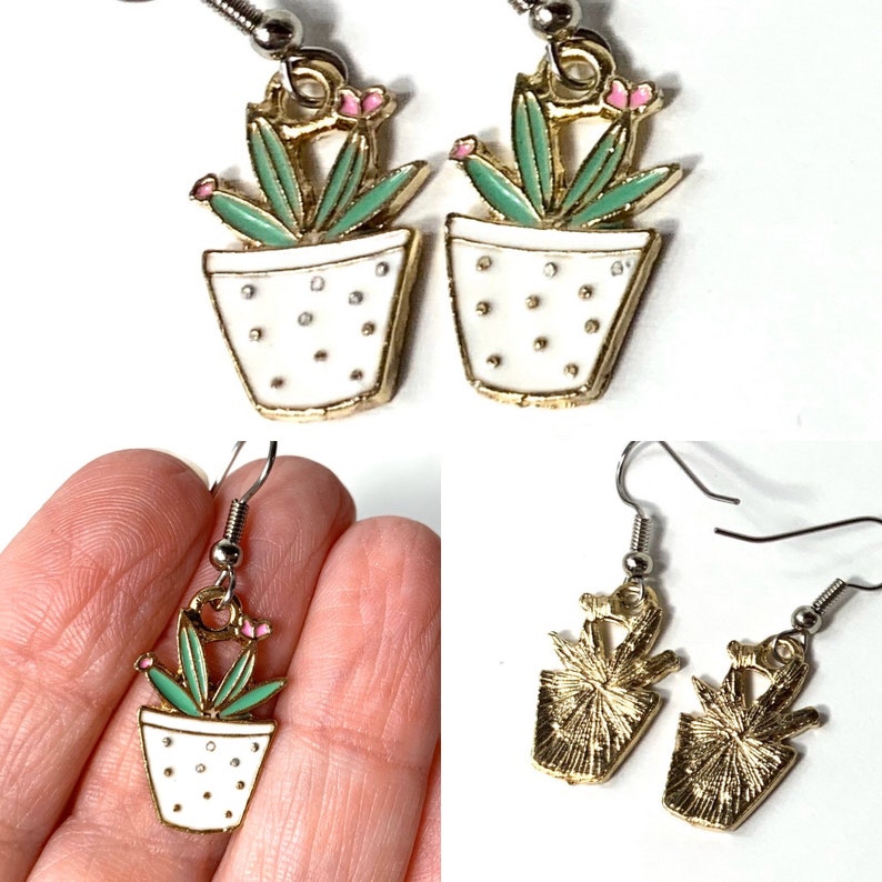 Succulent Earrings, Cactus, House Plant Pots. hooks or clip-on's. Cottage core jewelry, greenhouse wholesale, gift for plant lover plant mom white pot