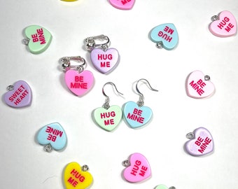 Valentine Conversation heart earrings Min n match Clip-on's or pierced hooks avail Valentine jewelry gift for kids and adults Heart earrings