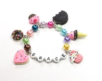 Sweet Treats charm bracelet. Multiple charms on one bracelet. Cupcakes, Cookies, Donuts, and Ice Cream. Great for Birthdays!