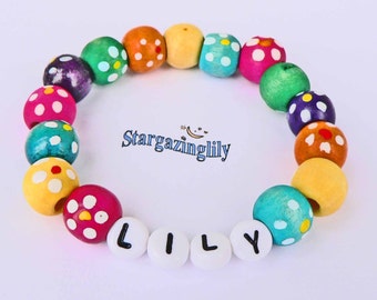 Children's Name Bracelets PERSONALIZED Jewelry Party Favor Infant Child Kid Toddler Makes a great Valentine's Day Gift Colorful Wood Flowers