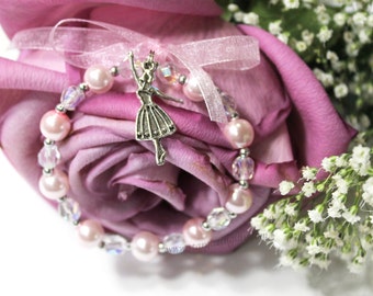 Dance Recital Gift Crystal and Pearl Bracelet. YOU CHOOSE the pearl color. Pretty Ballet Pink Bracelet with bow. Ballerina Charm Bracelet.