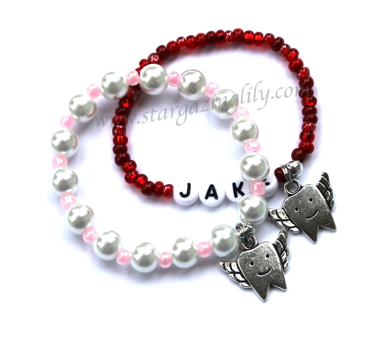 Tooth Fairy Gift YOU CHOOSE pearl color personalization and name bracelet by Stargazinglily Girl Bracelet Boy Bracelet Tooth Charm Bracelet image 1