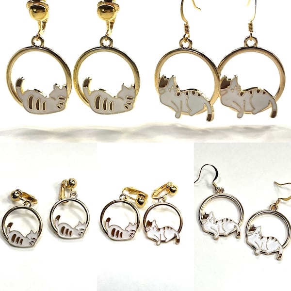 Pair of Sleeping Cat Earrings Lounging Kitty kitten cat earrings Women Kids clip-on's or Pierced Hooks. Cat Gift, Cat Jewelry Cat Earrings