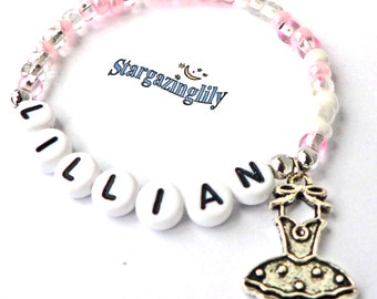 Children's Jewelry Name Bracelet PERSONALIZED with Ballet Charm Party Favor Dance Recital Gift Infant Child Kid Adult Sizes