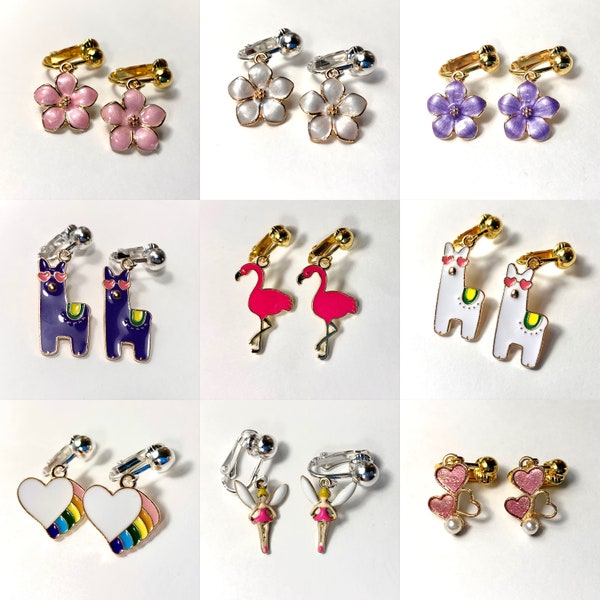 Cute Kids clip on earrings. pink Flower, llama, alpaca, flamingo, fairy, rainbow heart. pierced earrings available Easter Basket Gift CC
