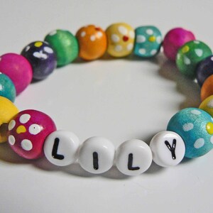 Children's Name Bracelets PERSONALIZED Jewelry Party Favor Infant Child Kid Toddler Makes a great Valentine's Day Gift Colorful Wood Flowers image 2