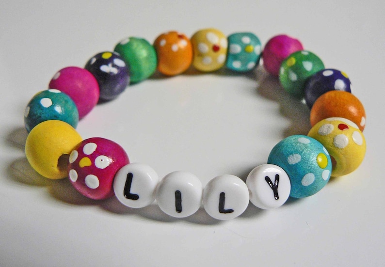 Children's Name Bracelets PERSONALIZED Jewelry Party Favor Infant Child Kid Toddler Makes a great Valentine's Day Gift Colorful Wood Flowers image 2