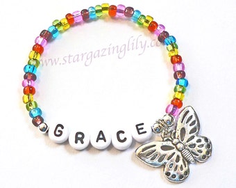 Colorful Rainbow Butterfly Charm Name Bracelet for Girls Children's Personalized Jewelry Butterfly Party Favor Summer Jewelry Easter Basket