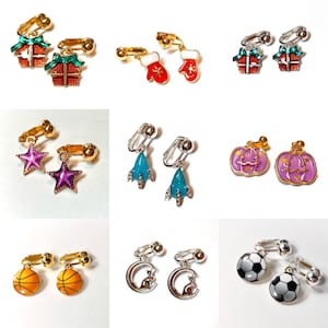 Clip on earrings, Space, Purple Star, rocket ship, moon cat basketball, soccer, mitten, jackolantern, stocking stuffer gift for kids QQ