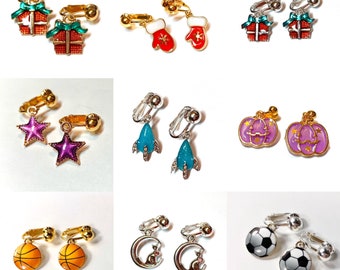 Clip on earrings, Space, Purple Star, rocket ship, moon cat basketball, soccer, mitten, jackolantern, stocking stuffer gift for kids QQ
