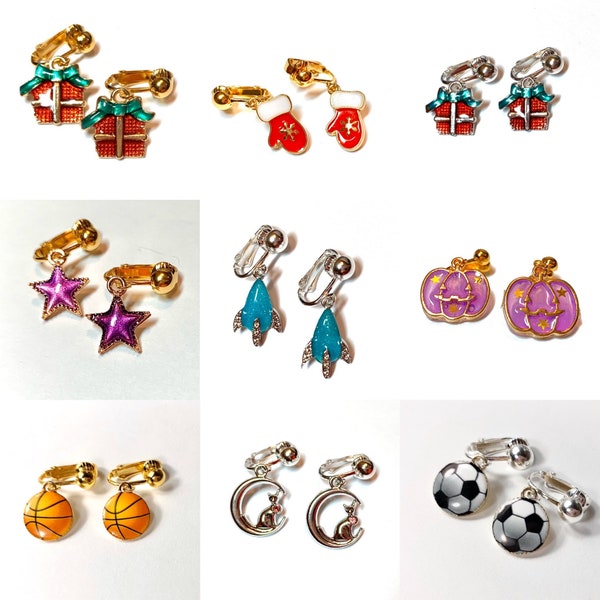 Clip on earrings, Space, Purple Star, rocket ship, moon cat basketball, soccer, mitten, jackolantern, stocking stuffer gift for kids QQ