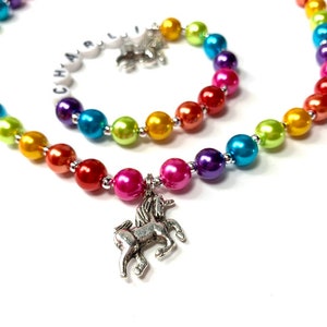 Kids Rainbow Unicorn Personalized Name Necklace & Bracelet Set Little Girls Jewelry. YOU CHOOSE pearl color, charm. Children's Jewelry