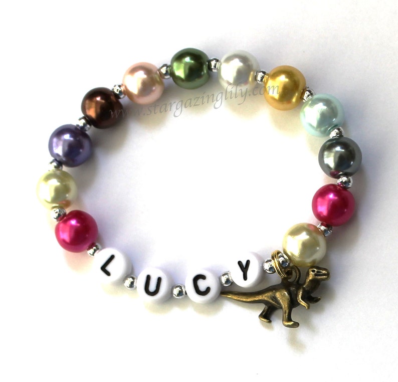Dinosaur Party Favor Charm bracelet. Wood beads, Personalized name bracelet. Party Favor for boys. Little boy dinosaur bracelet jewelry Pearl Bead (2nd pic)