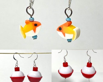 Fish and Bobber Earrings. Clown Fish, Fishing bobbers, caught fish, clip-on's or pierced hooks. Gift for fisher, angler. Kids and Adults