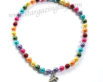 Rainbow Pearl Personalized Name Necklace Jewelry for little girls YOU CHOOSE the pearl color and charm