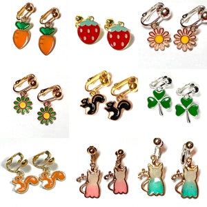 Children&#39;s clip on earrings. Little girls earrings. Clip on earrings. Cat, Carrot, Squirrel, shamrock, clover, daisy, strawberry, gifts MM