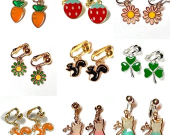 Children's clip on earrings. Little girls earrings. Clip on earrings. Cat, Carrot, Squirrel, shamrock, clover, daisy, strawberry, gifts MM