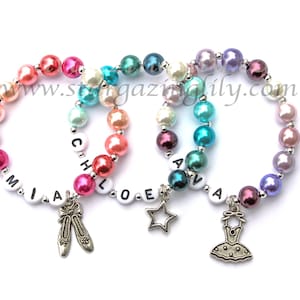 Dance Recital Gift personalized Pearl ballet charm bracelet. Little Girl dance jewelry. Your choose the name, color, & charm. Ballet Gift