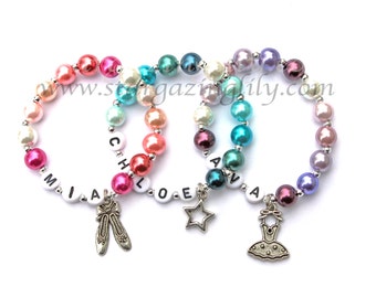 Dance Recital Gift personalized Pearl ballet charm bracelet. Little Girl dance jewelry. Your choose the name, color, & charm. Ballet Gift